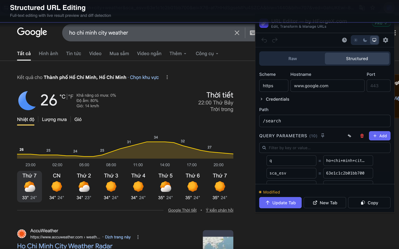 URL Editor structured mode showing individual URL components like scheme, host, path, and query in separate fields